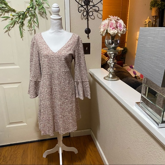 Anthropologie Red Cream Tweed Bell Sleeve V-Neck Dress - Picture 2 of 11